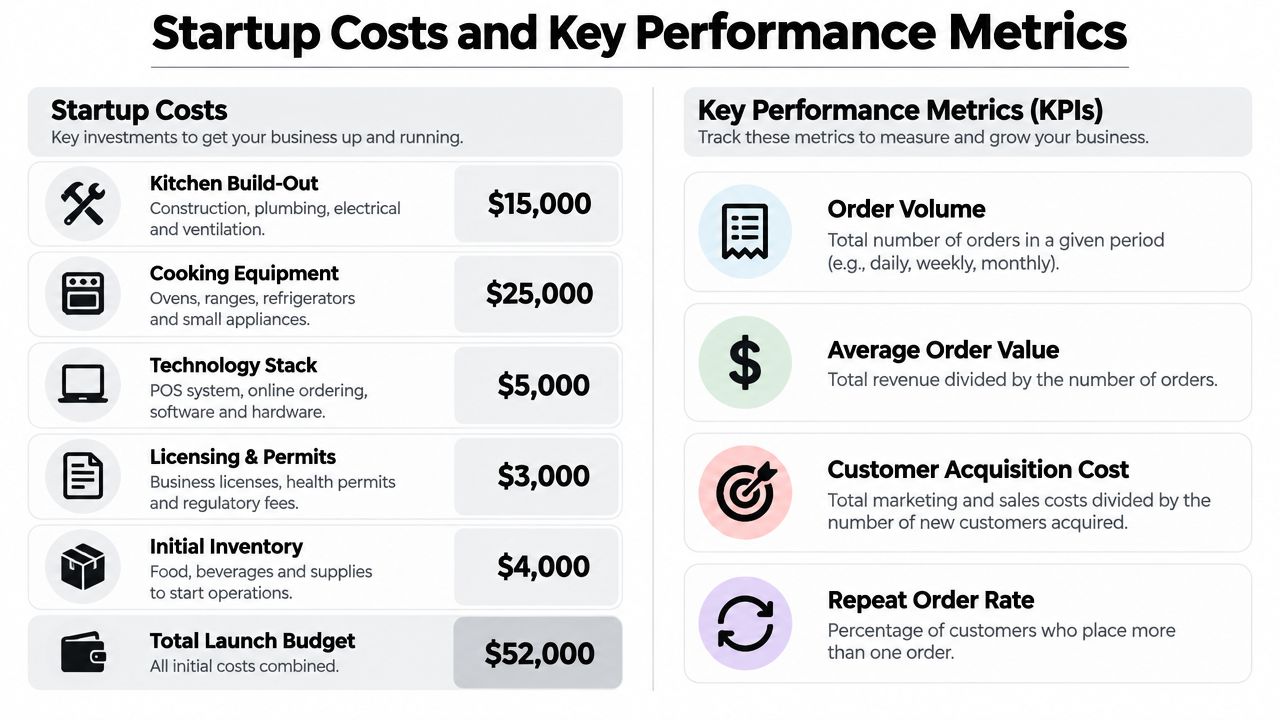 An infographic detailing startup costs and key performance metrics for a business, such as a cloud kitchen.