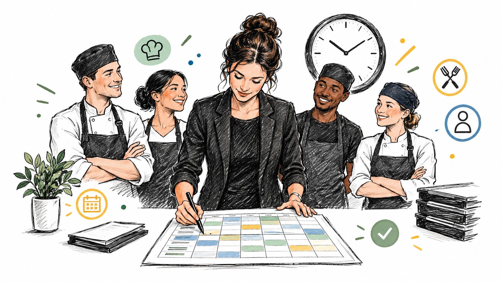 A professional manager planning a shift schedule with a diverse team of chefs in a kitchen.