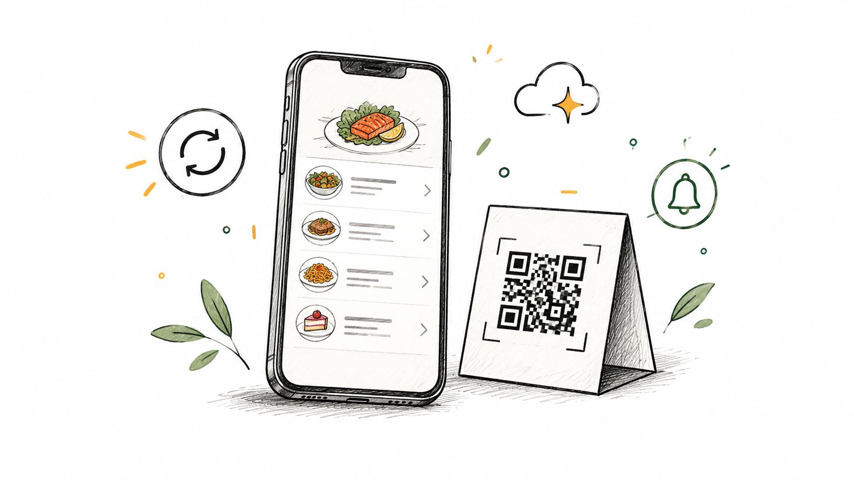 A digital illustration of a smartphone displaying a restaurant menu next to a QR code table stand.