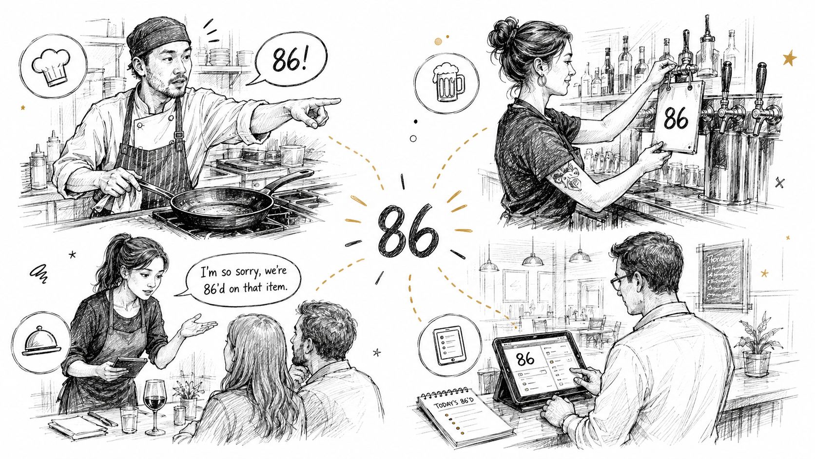 A charcoal-style drawing showing restaurant staff using the term 86 to indicate out-of-stock menu items.
