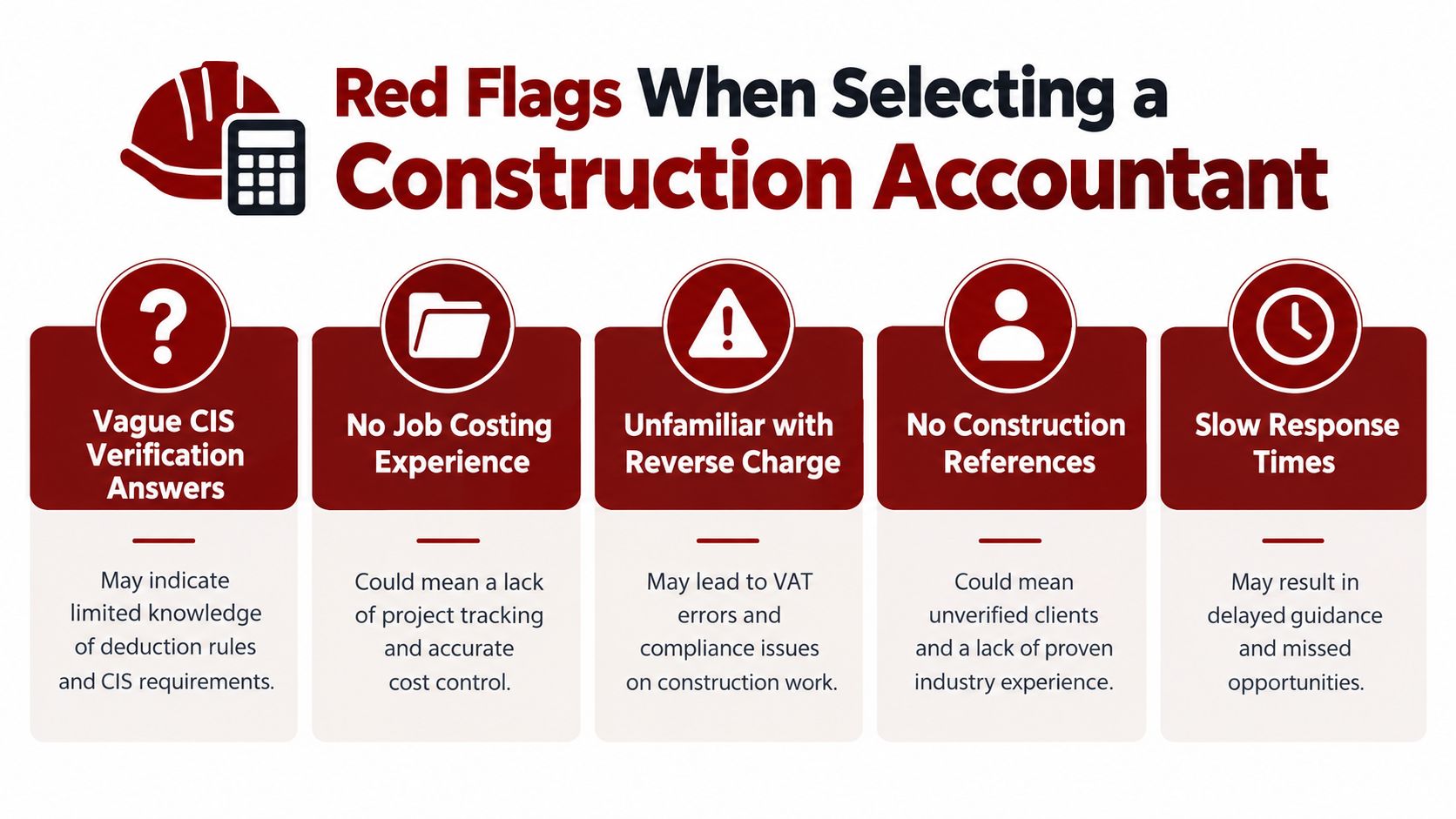 A graphic highlighting five major red flags to consider when selecting an accountant for a construction business.