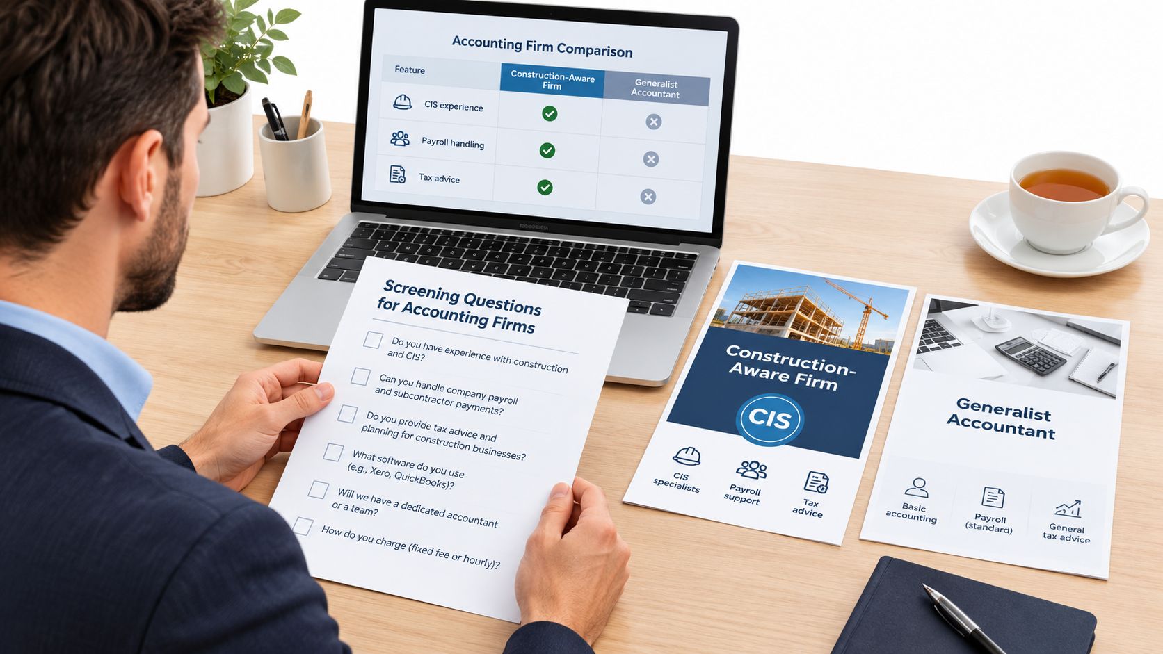 A professional man compares construction-aware and generalist accounting services to choose the right firm for business.