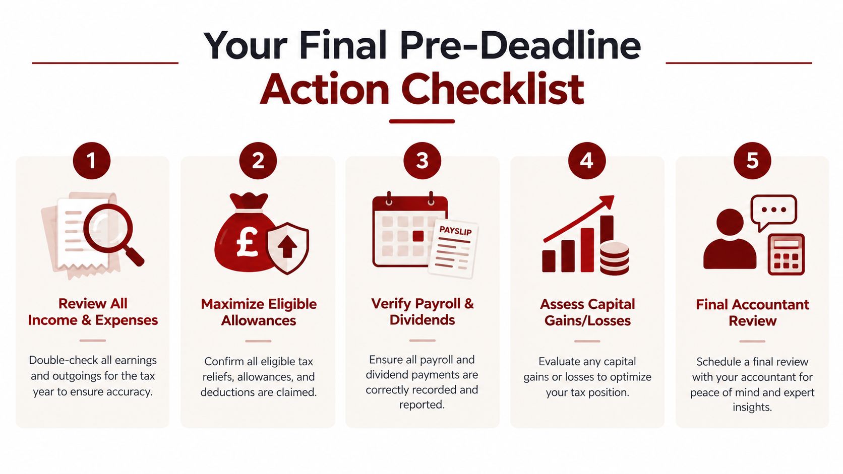 A checklist of five essential tasks to perform for effective year-end tax planning and financial preparation.