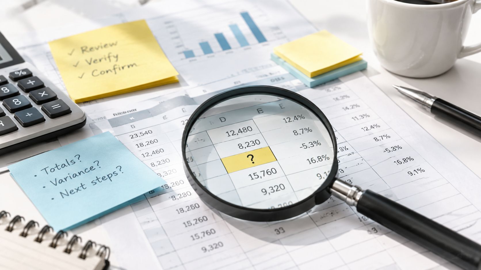A magnifying glass focusing on a spreadsheet table with a question mark on a desk with office supplies.