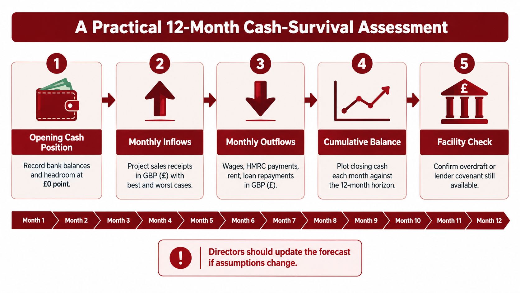 A flowchart infographic titled A Practical 12-Month Cash-Survival Assessment explaining steps for business financial planning.