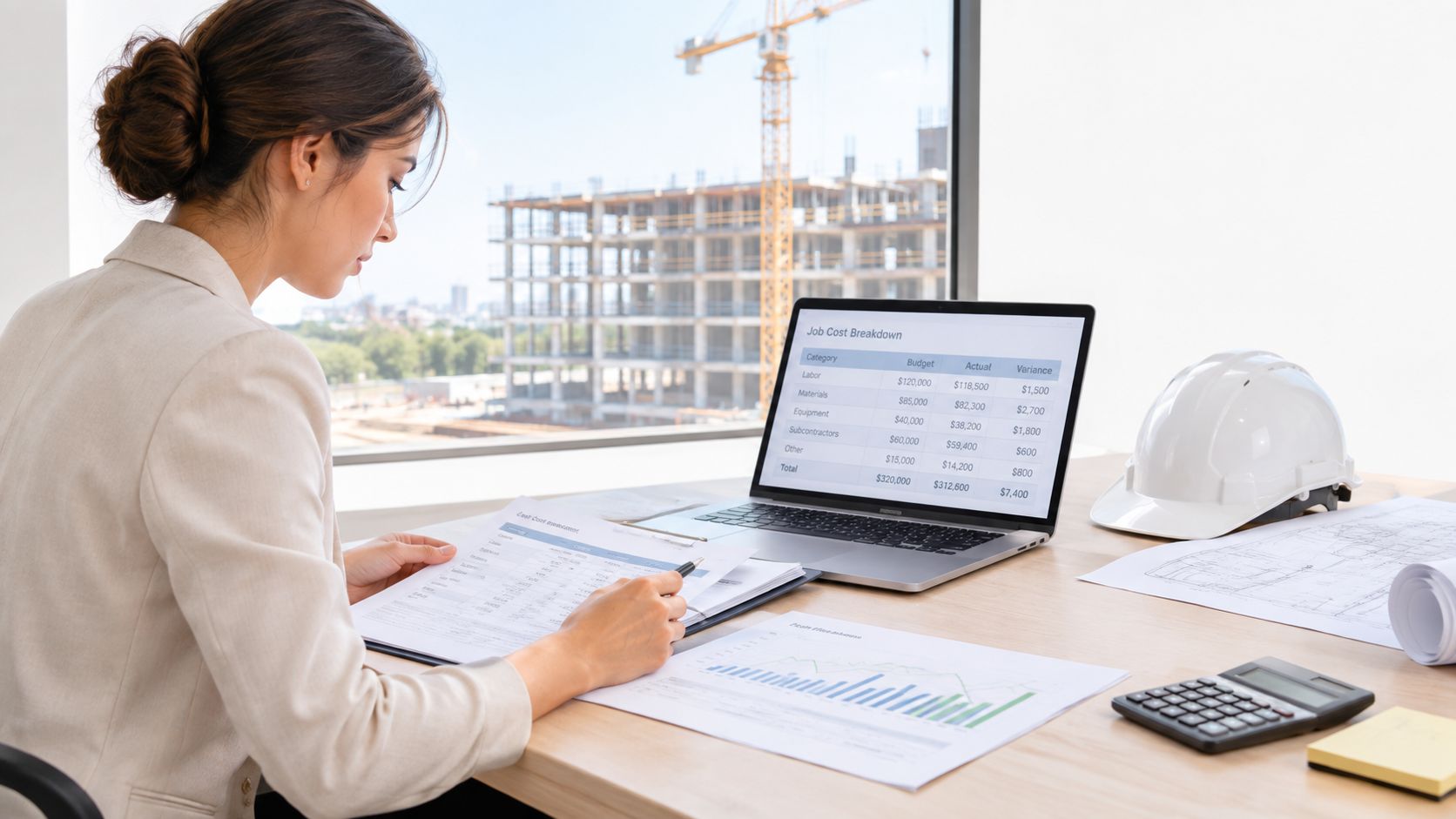 A professional woman in a suit analyzes construction project financial documents and a laptop at her desk.