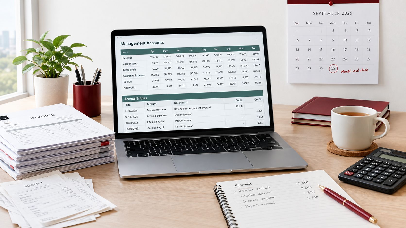 A professional office desk featuring a laptop showing financial management accounts, spreadsheets, and a monthly calendar.