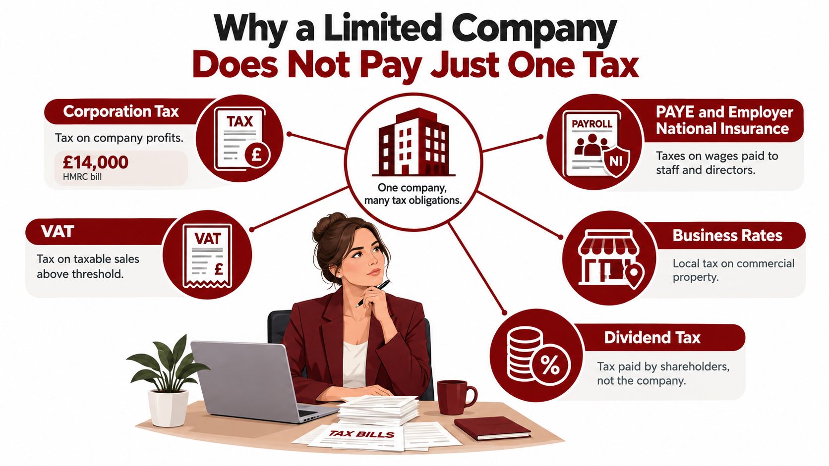 An infographic showing a business woman at a desk with common taxes a limited company must pay.