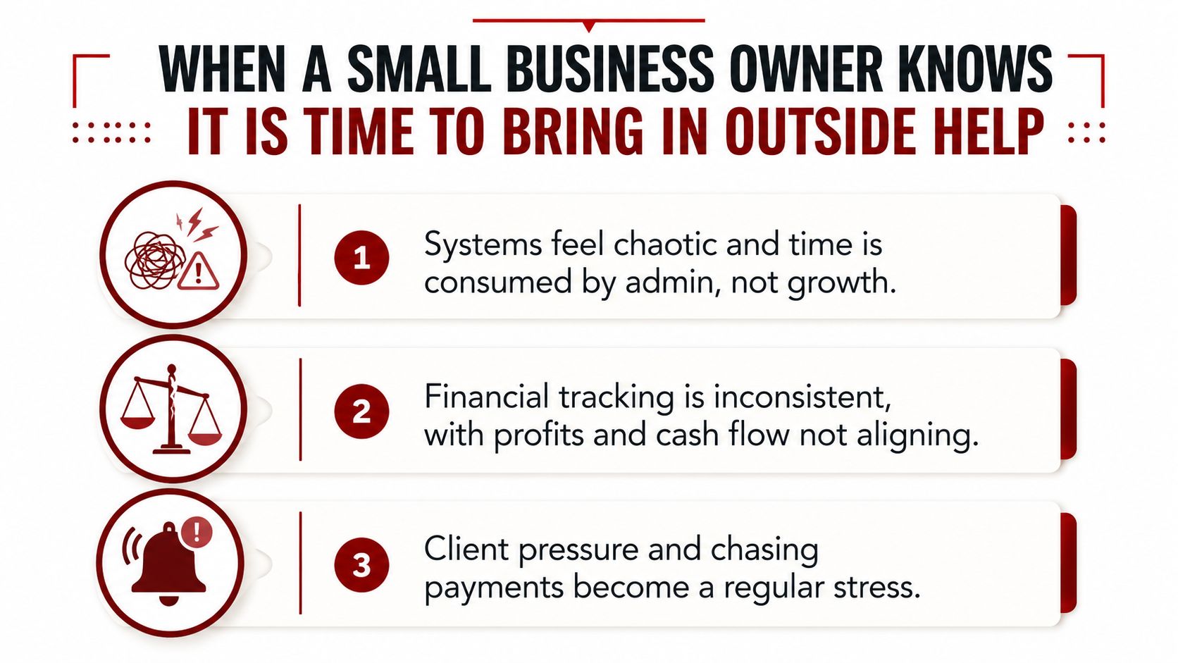 A list of three signs indicating when a small business owner should hire external management consulting services.