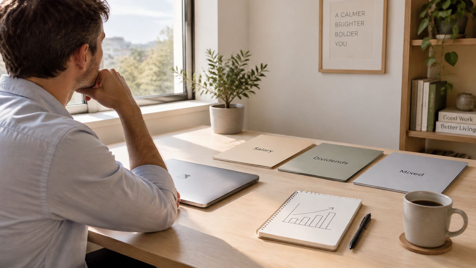 A man sits at a desk looking out a window with documents labeled Salary, Dividends, and Mixed nearby.