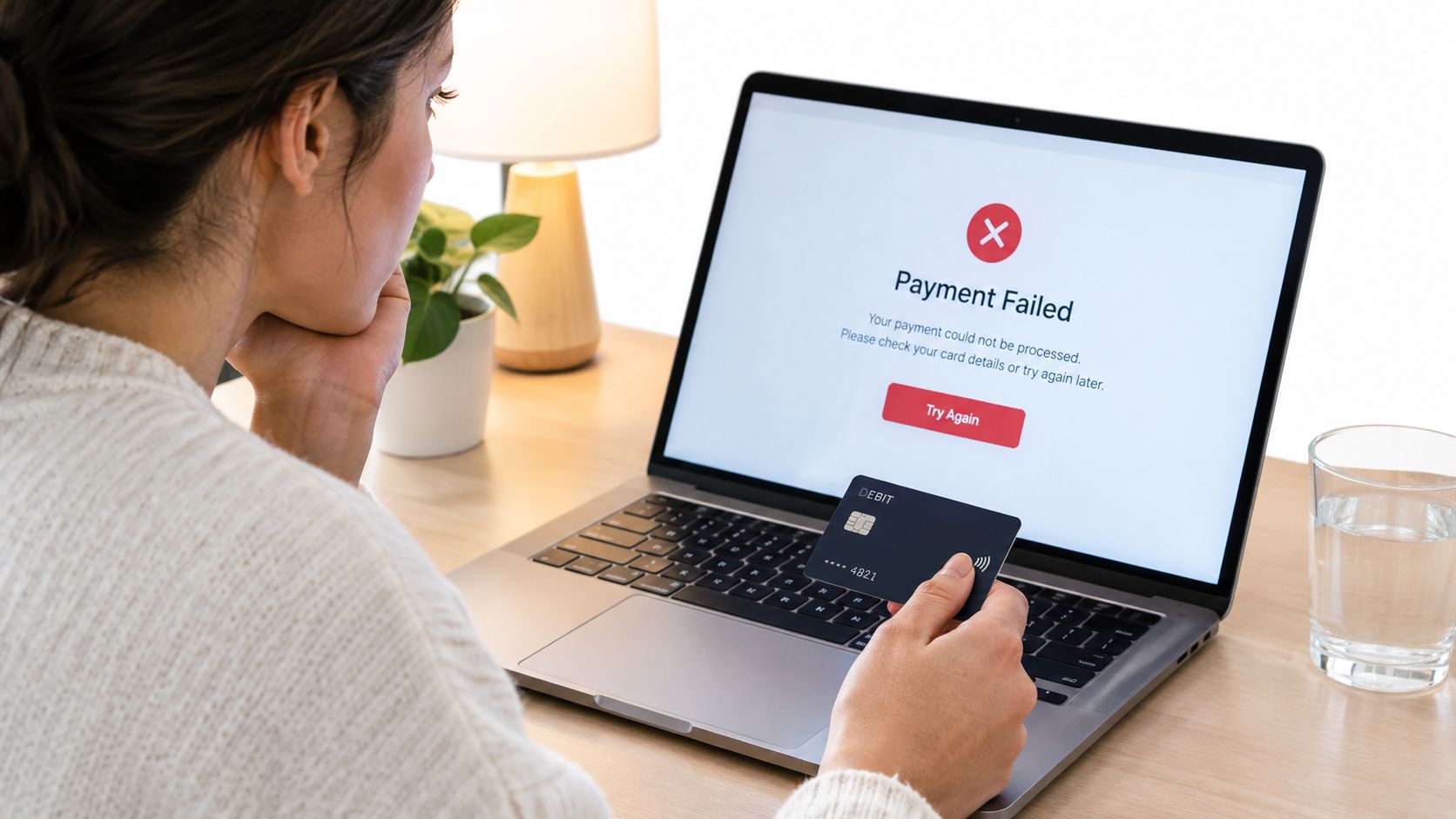 A woman sitting at a desk looking frustrated after seeing a payment failed screen on her laptop.
