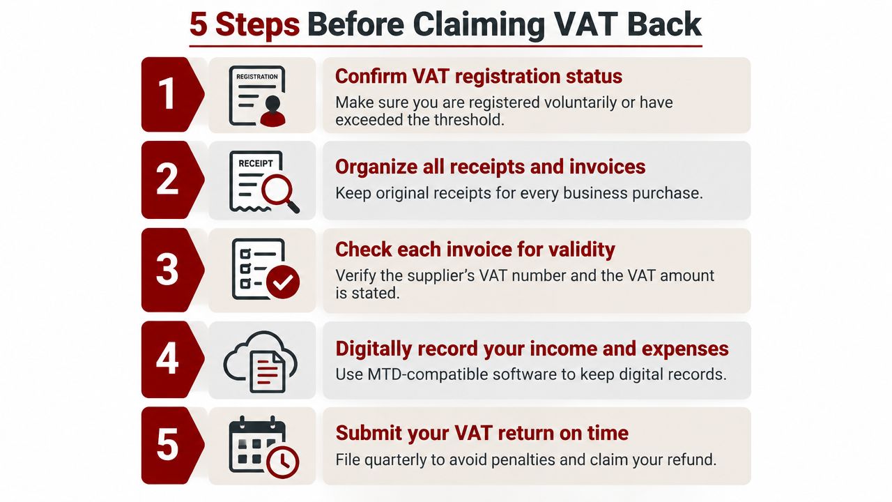 A five-step guide explaining how sole traders and businesses can claim VAT back on business expenses.