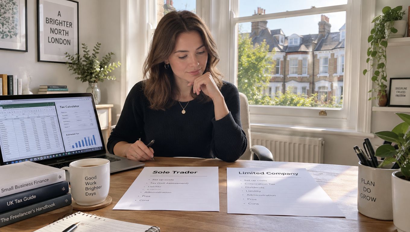 A woman working at a desk, comparing business structures of a sole trader versus a limited company.