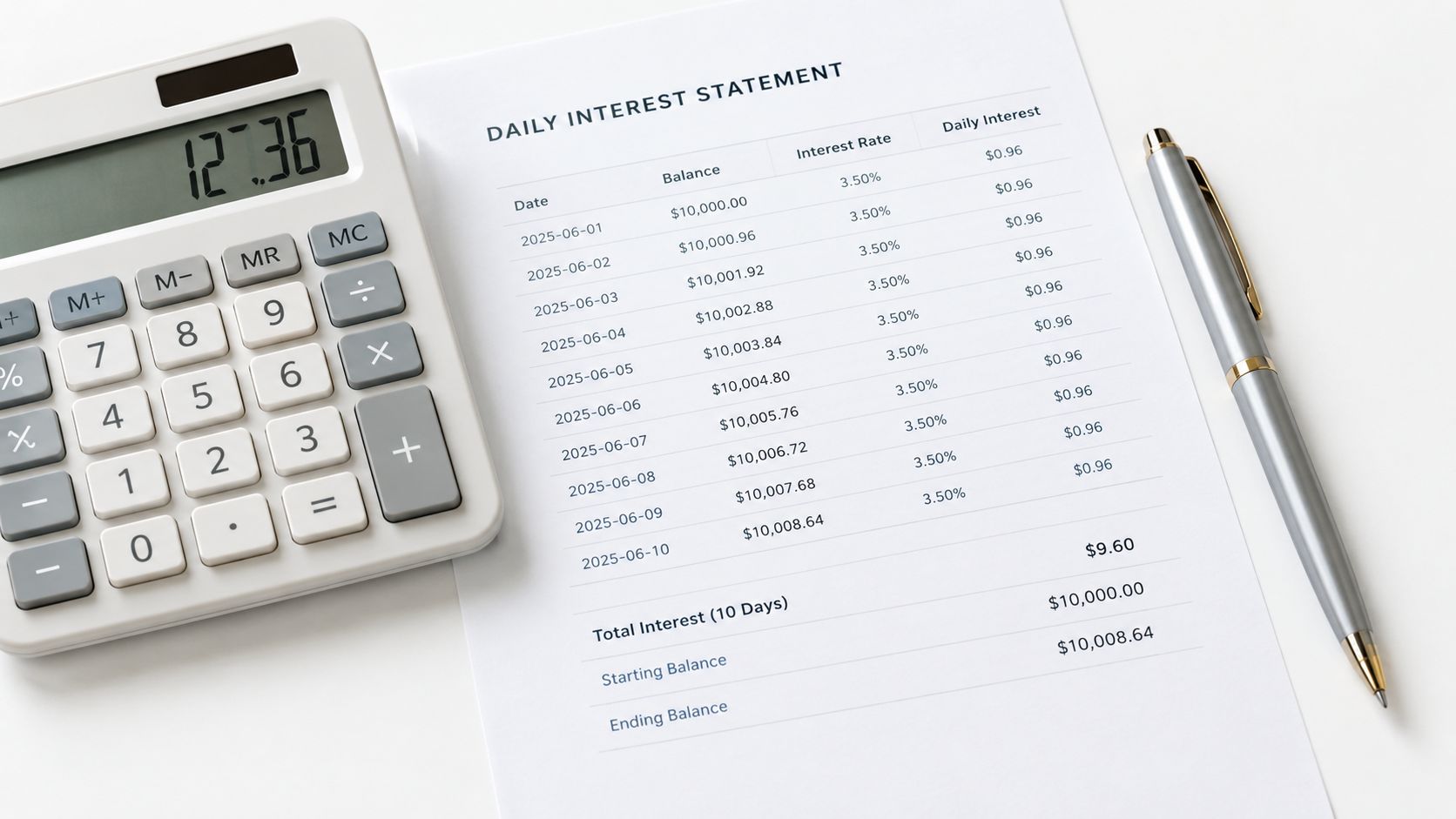 A close-up view of a calculator and a daily interest statement on a clean white background.