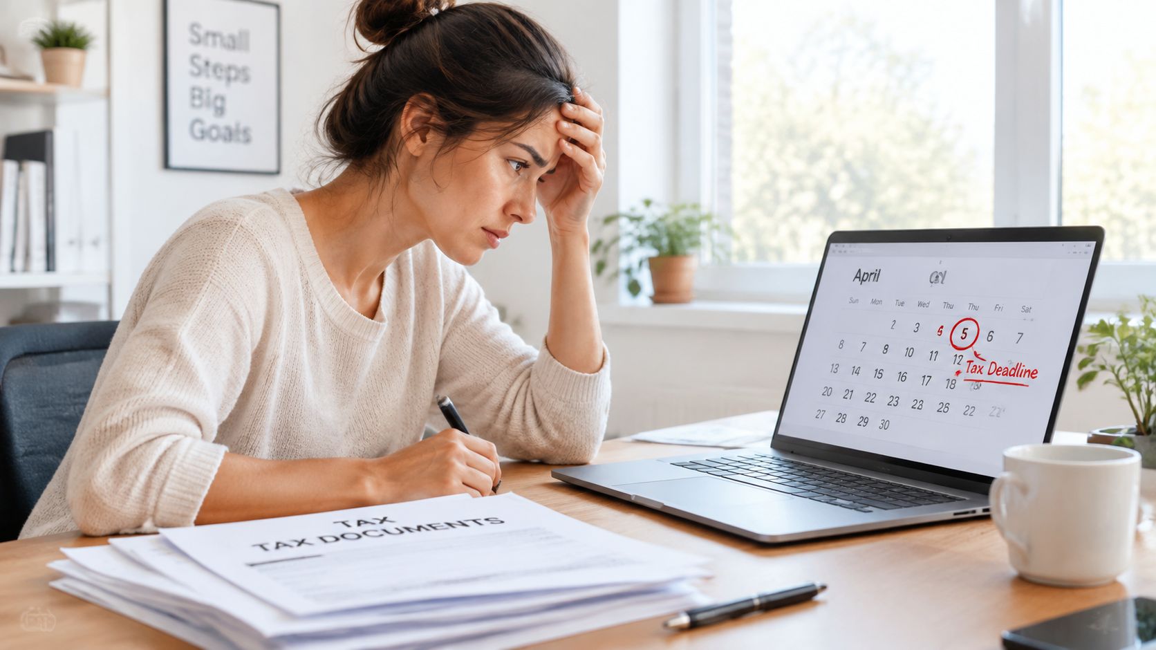 A stressed woman sits at her desk, looking at tax documents and a calendar with a deadline.