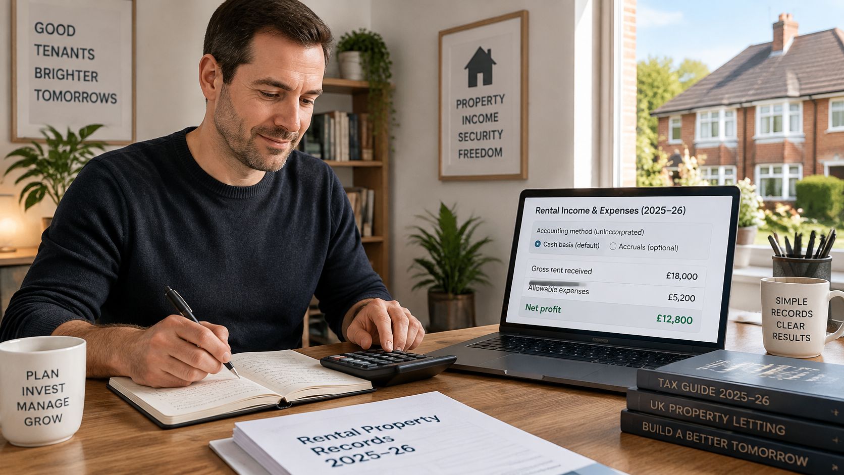 A man calculating rental income and expenses for his tax return while working at his desk.
