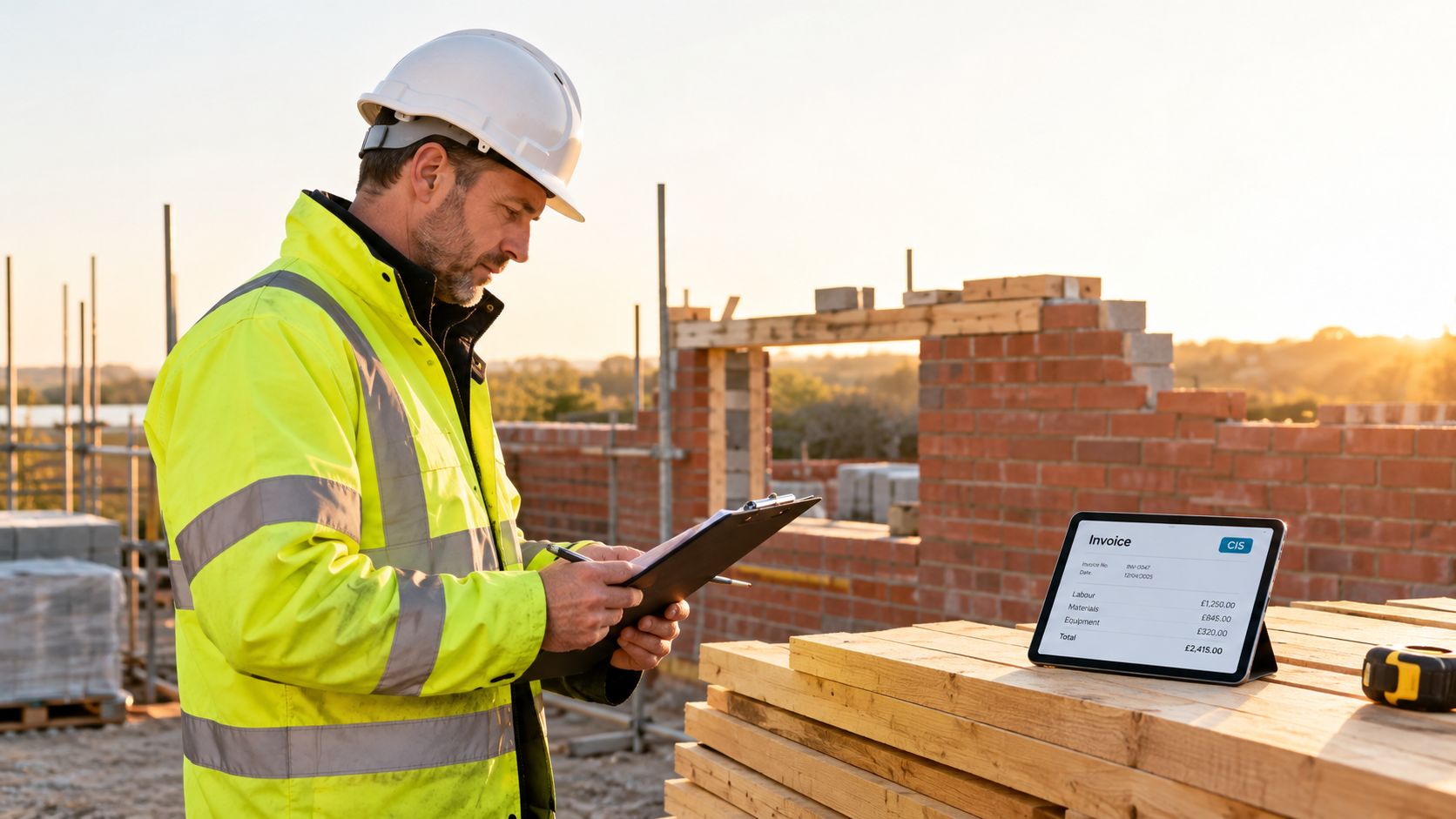 A construction manager in a high-visibility jacket reviewing an invoice on a digital tablet at a site.