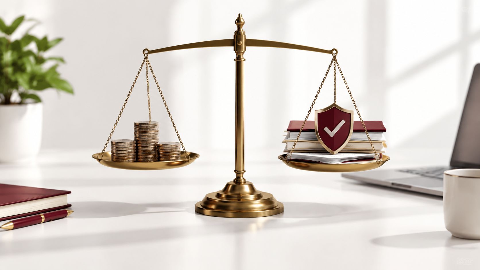 A golden balance scale comparing a stack of gold coins against official documents with a shield icon.