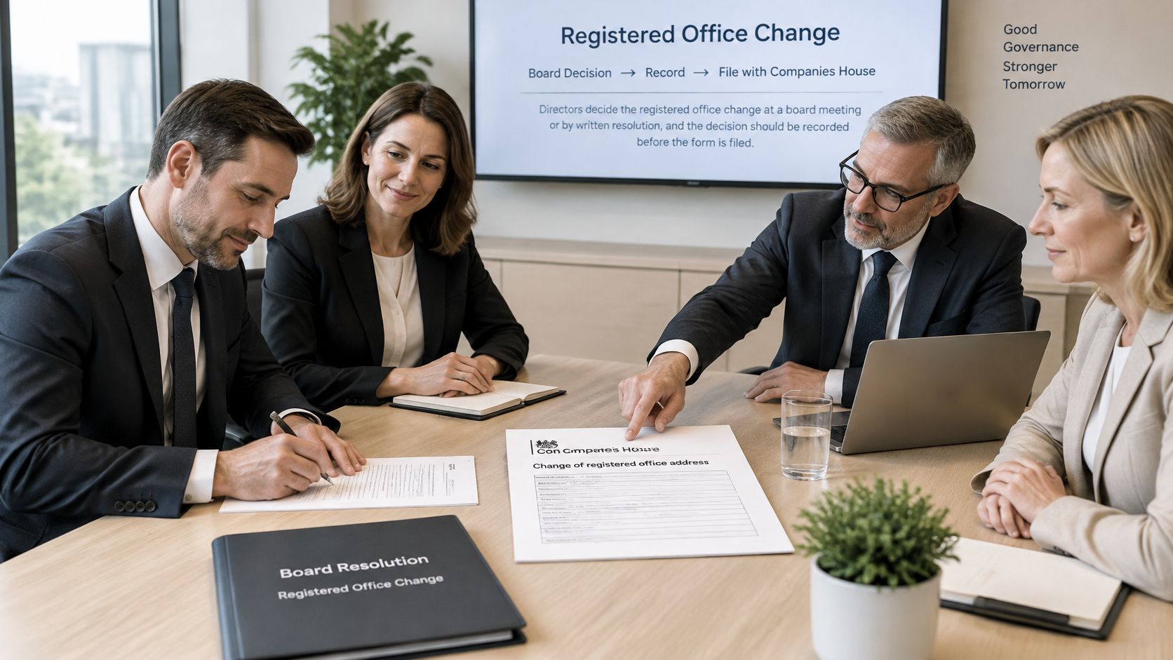 A professional business team sitting at a meeting table reviewing a document to change registered office address.