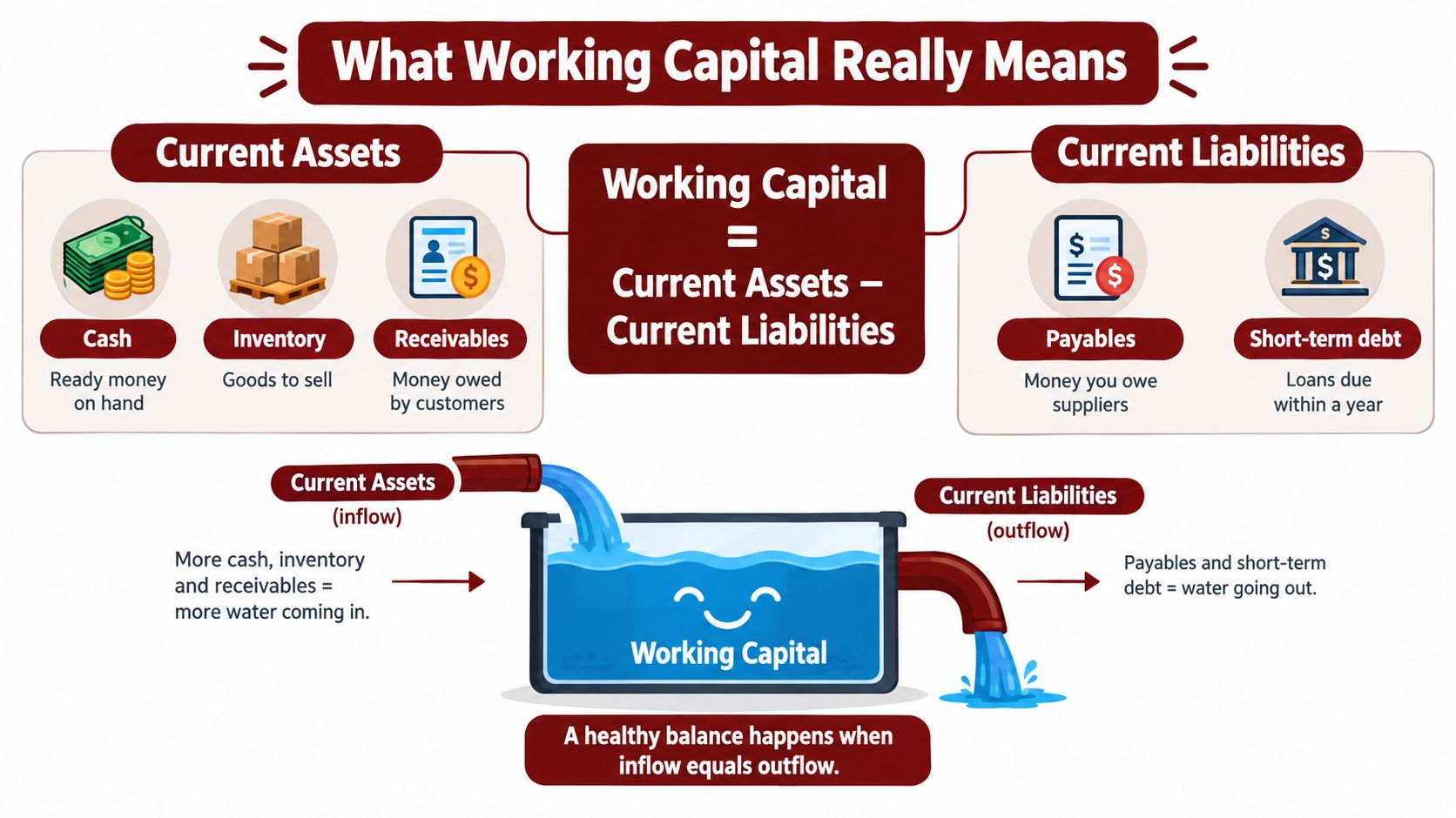 An infographic explaining the concept of working capital as current assets minus current liabilities using water flow analogy.