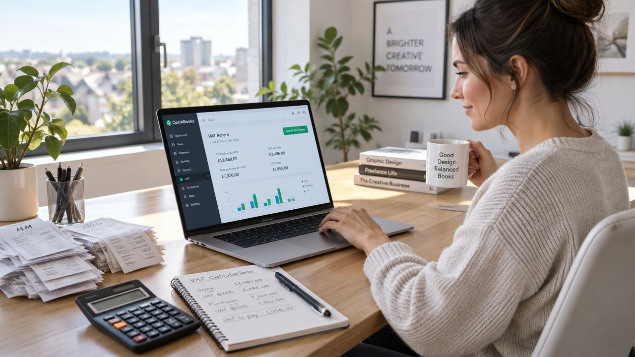 A woman working on VAT calculations using a laptop, calculator, and financial notes at her desk.