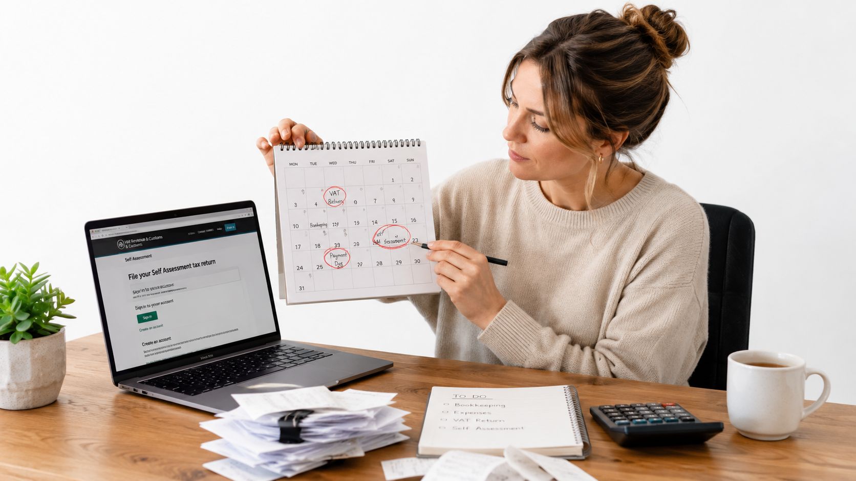 A businesswoman organizing her accounting tasks and deadlines with a calendar, laptop, and calculator on a desk.