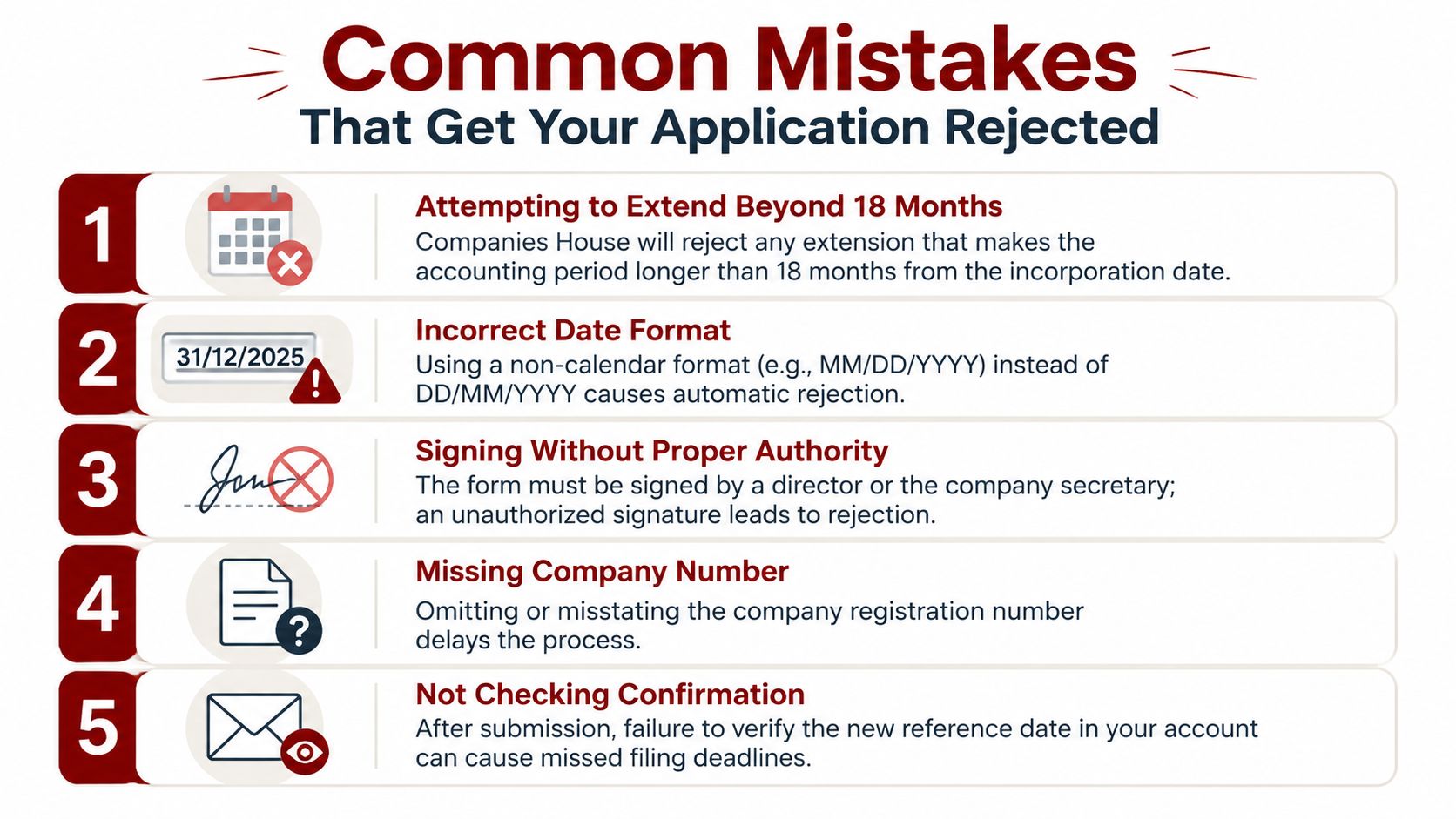 An infographic detailing five common mistakes to avoid when changing your company accounting reference date.