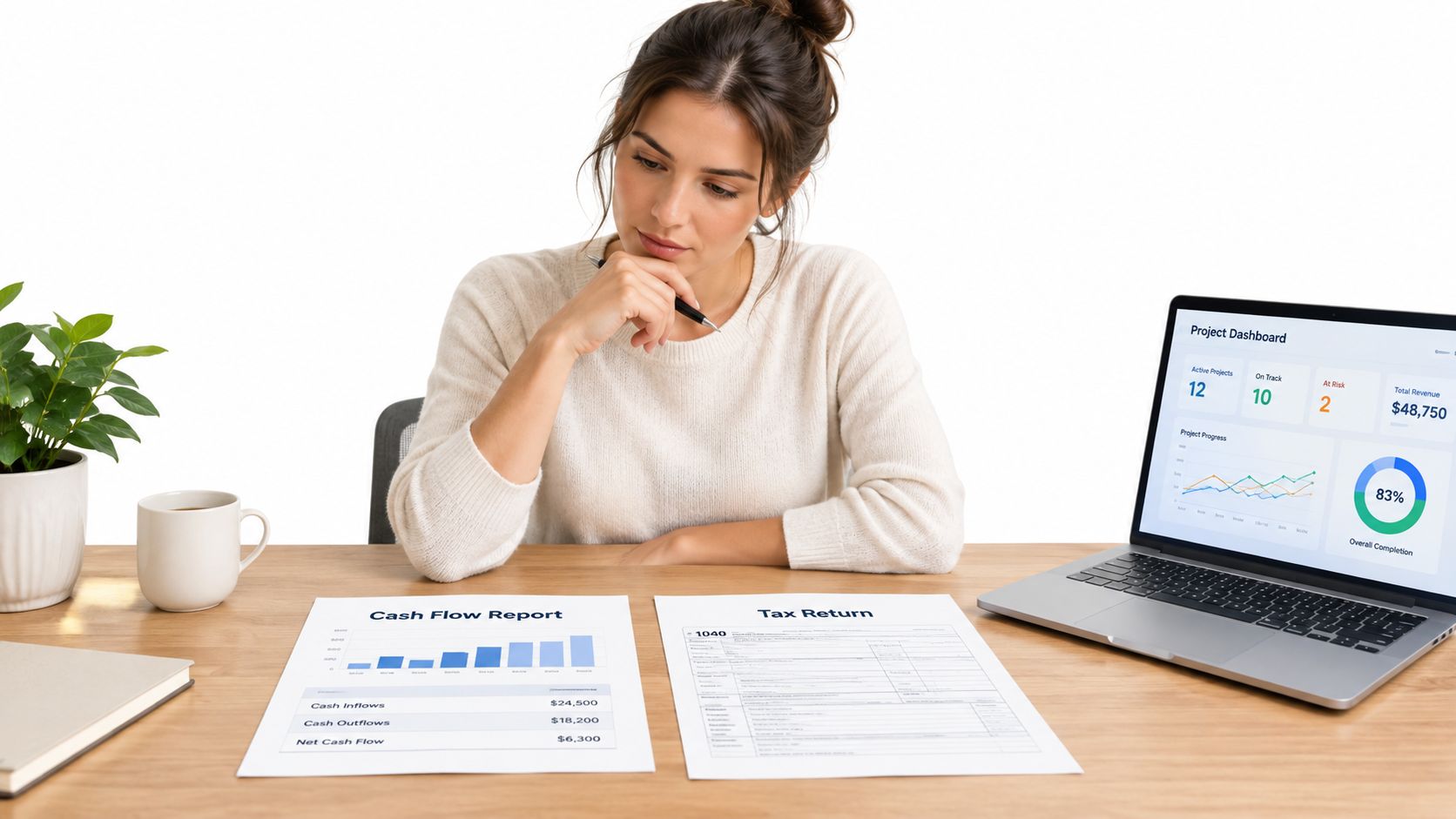 A businesswoman sitting at a desk analyzing financial accounting and management accounting documents alongside a laptop.