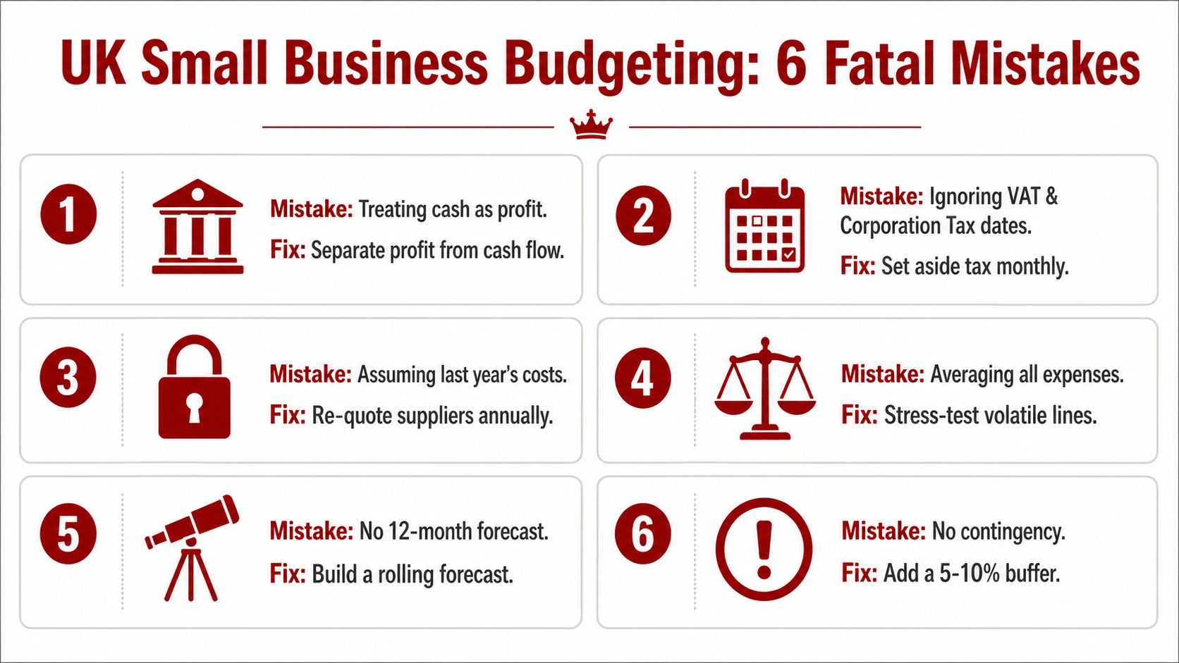 An infographic titled UK Small Business Budgeting outlining six common financial mistakes and their respective solutions.