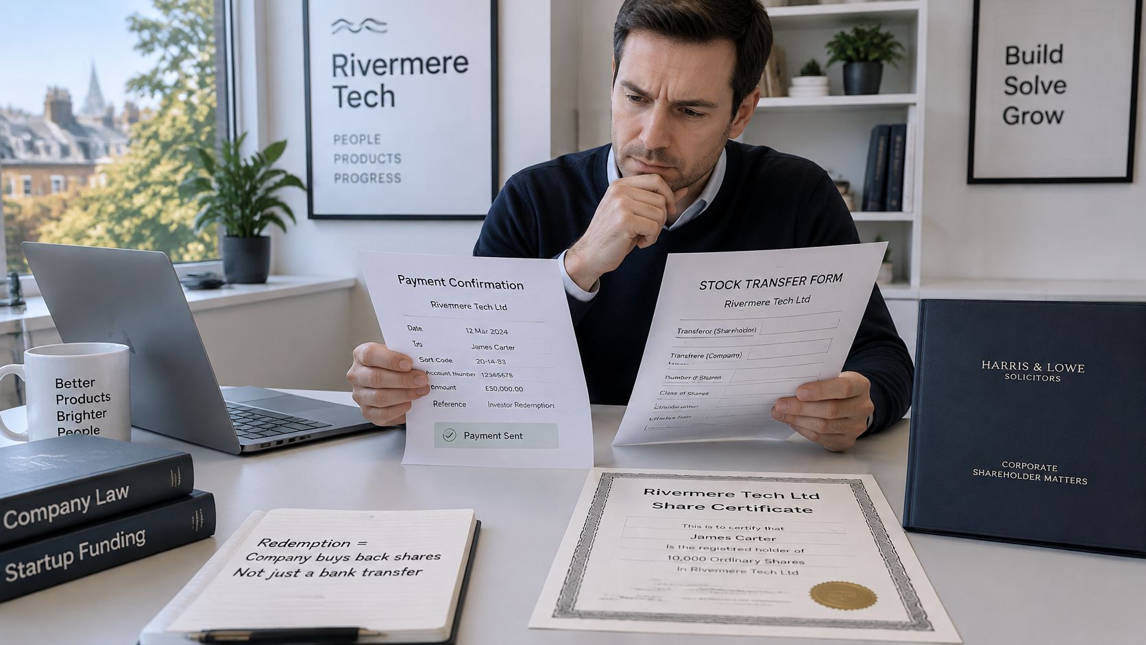A man reviewing corporate share redemption documents and certificates at a professional desk with a laptop.