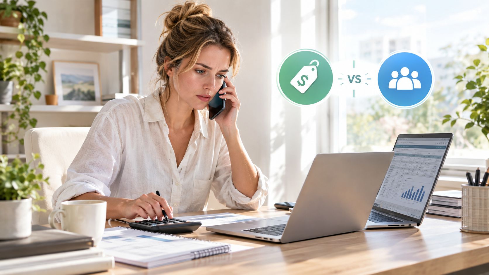 A professional woman working at a desk while on a phone call with business analysis tools.