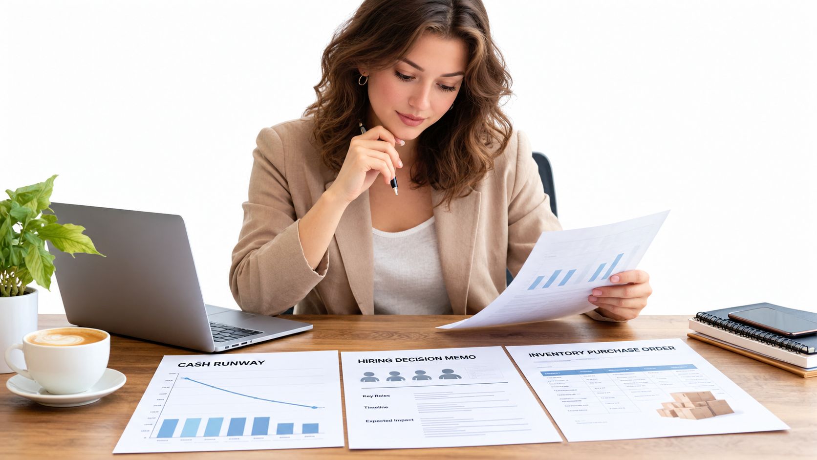A professional woman in a blazer reviewing financial documents and charts at her organized desk workspace.