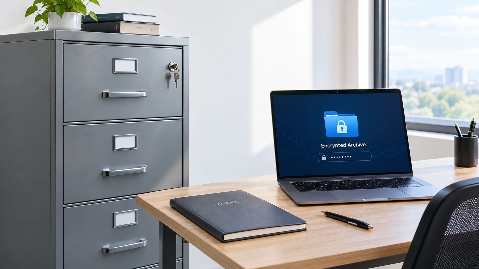 A modern office desk with a laptop displaying a password protected encrypted archive folder next to a file cabinet.