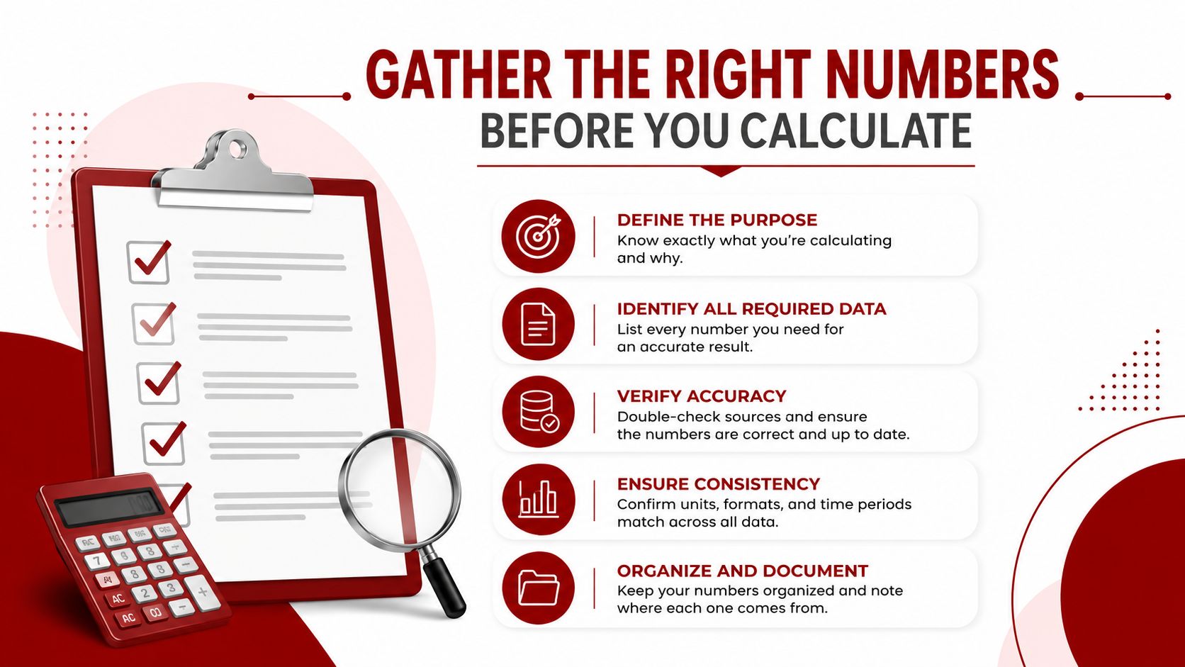 A red clipboard with a checklist, calculator, and magnifying glass beside five steps for data preparation.