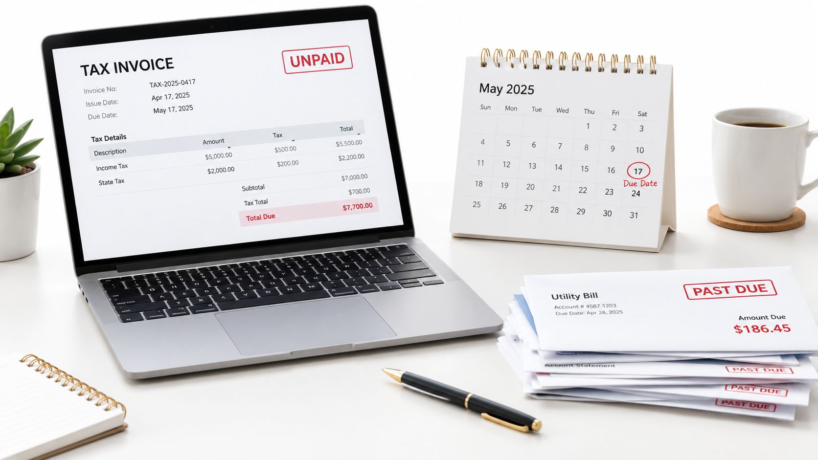 A laptop showing an unpaid tax invoice beside a calendar marked with a due date and overdue bills.