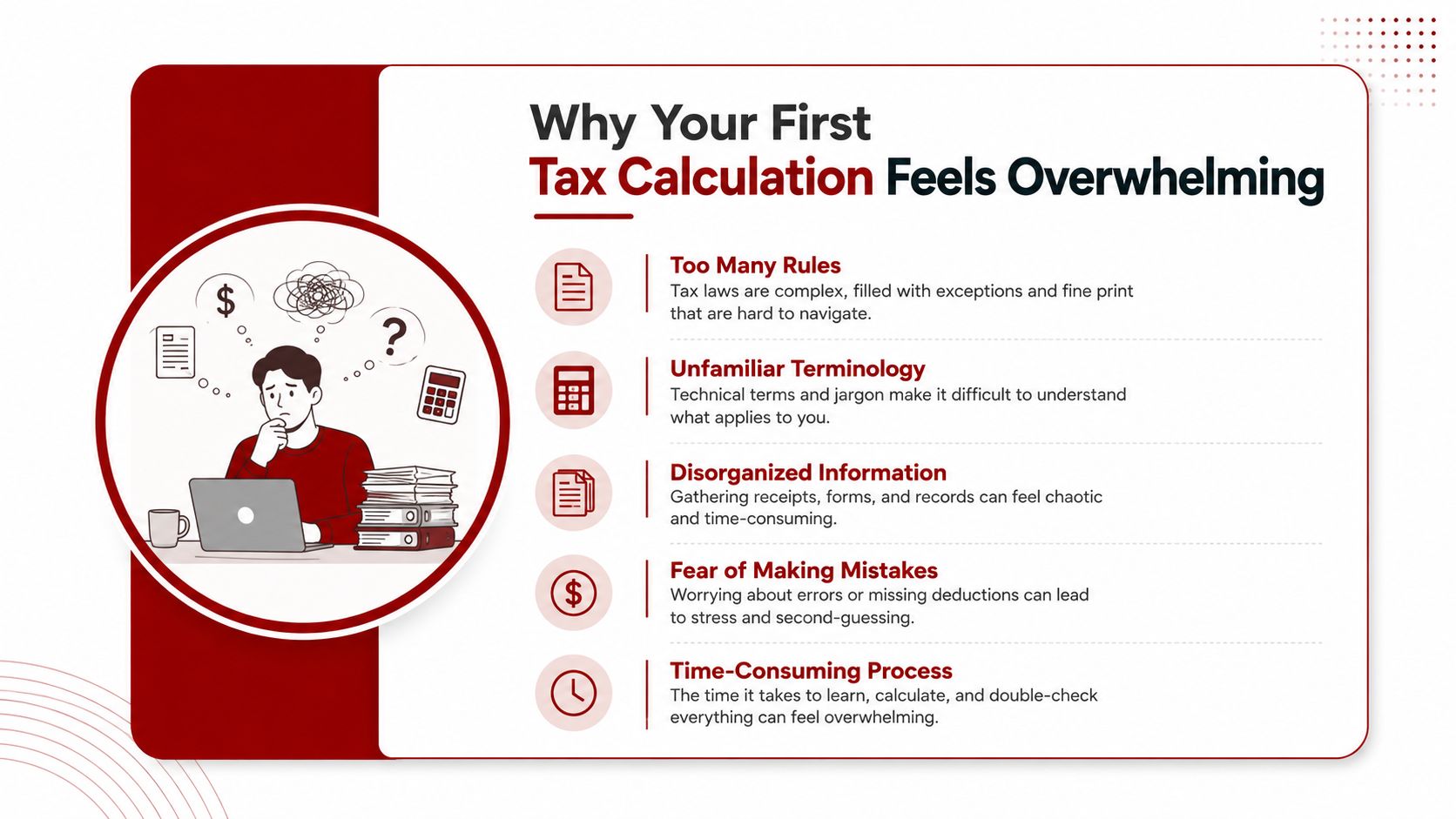 An infographic illustrating reasons why a person's first tax calculation experience is often stressful and overwhelming.