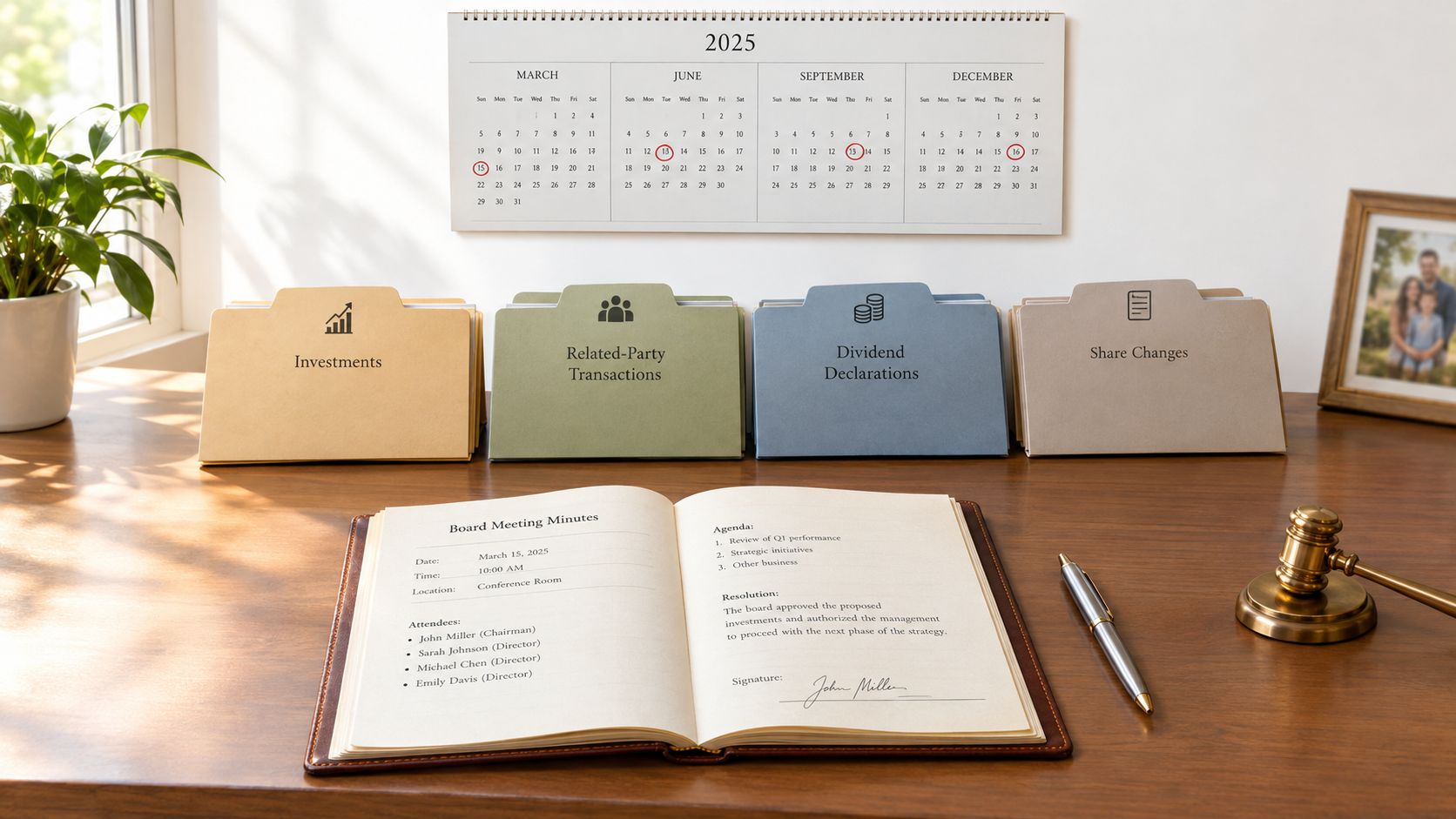 A professional desk workspace featuring board meeting minutes, organization folders, a gavel, and a 2025 calendar.