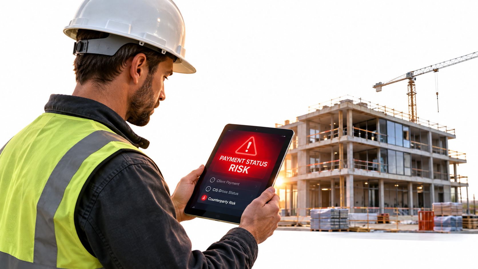 A construction worker in a hard hat holding a tablet showing a high risk payment status notification.