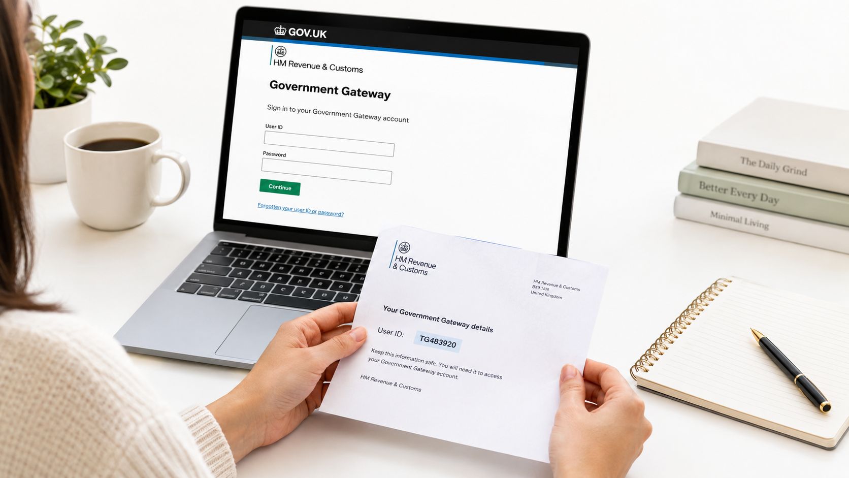 A person entering their HM Revenue and Customs Government Gateway user ID into a laptop computer screen.
