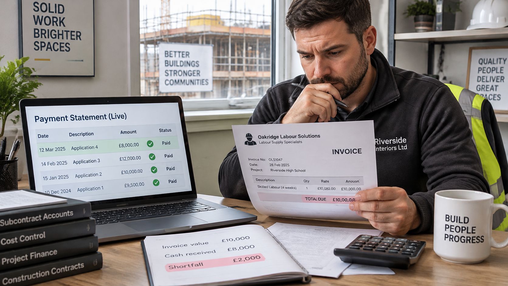 A construction manager reviewing an invoice and financial records at his office desk with a laptop.
