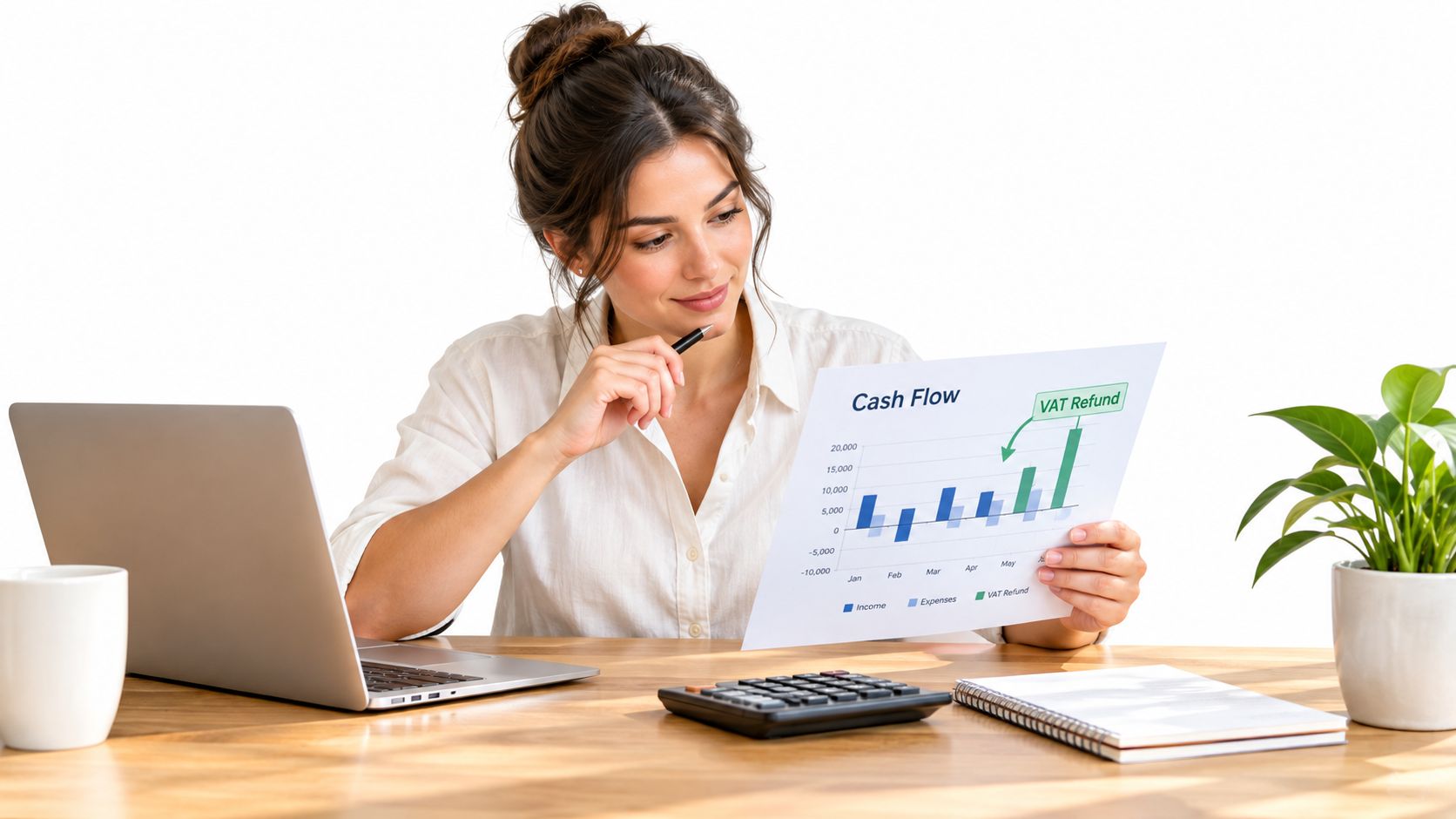 A professional woman reviewing a cash flow chart showing a VAT refund while working at her desk.