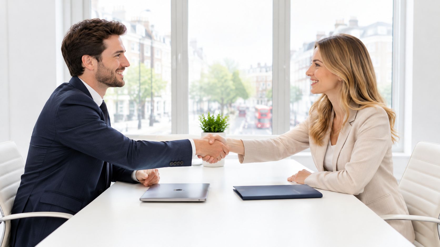 A professional man and woman in business attire shaking hands across a white office desk.