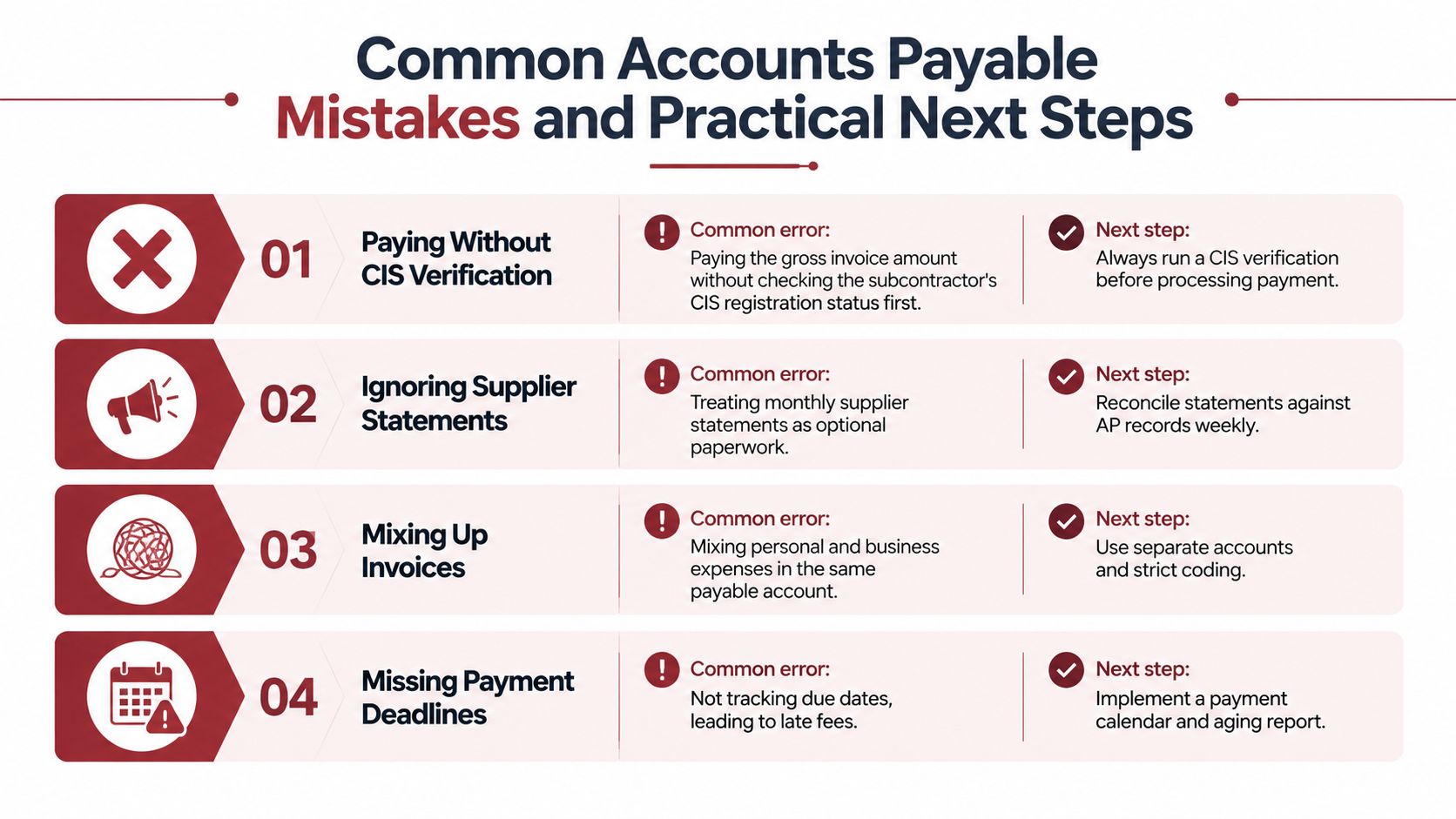 A helpful infographic outlining four common accounts payable mistakes and their corresponding practical next steps for businesses.