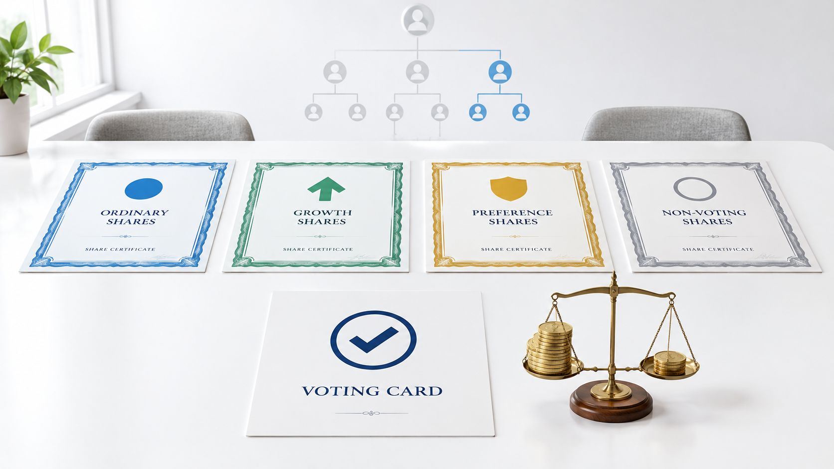 A table showcasing various share certificates, a voting card, and a scale representing business equity and governance.