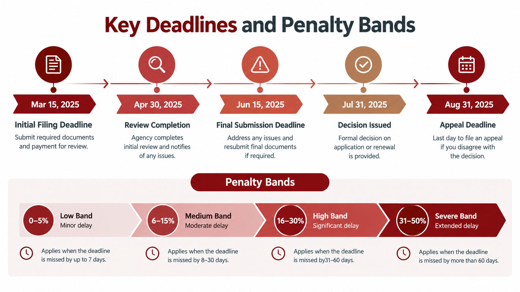 A timeline graphic showing key deadlines for document submission and penalty bands for late applications.