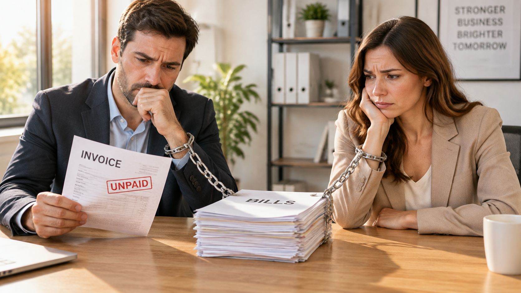 A man and a woman in business attire look stressed while chained to a pile of unpaid bills.