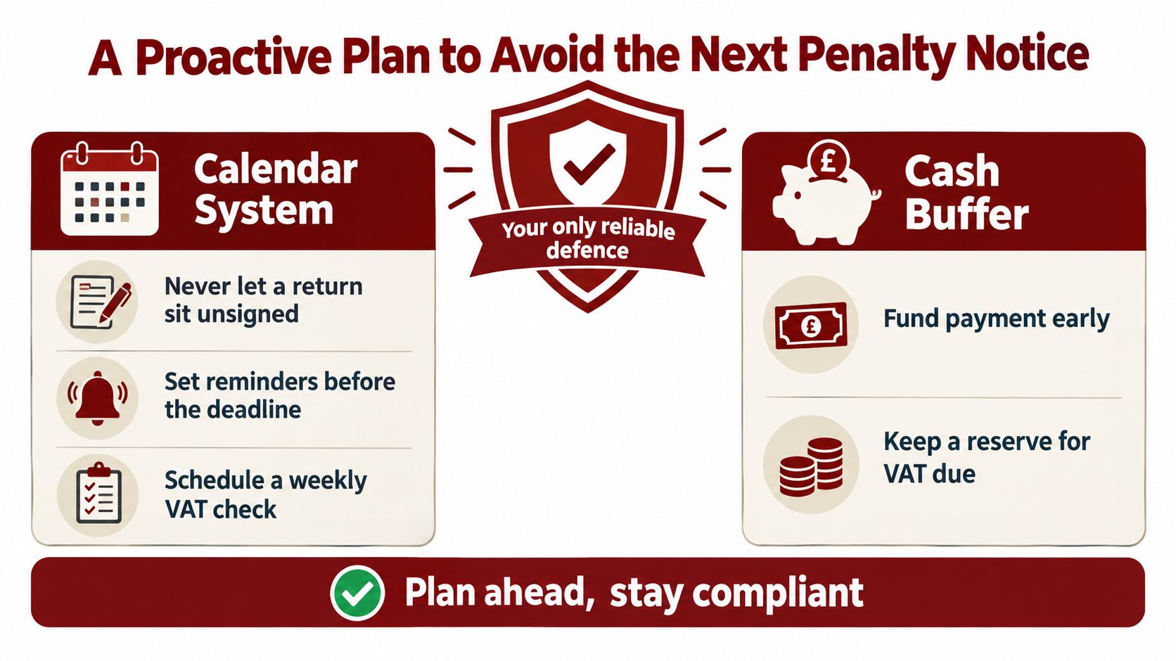 An infographic titled A Proactive Plan to Avoid the Next Penalty Notice featuring calendar and cash strategies.