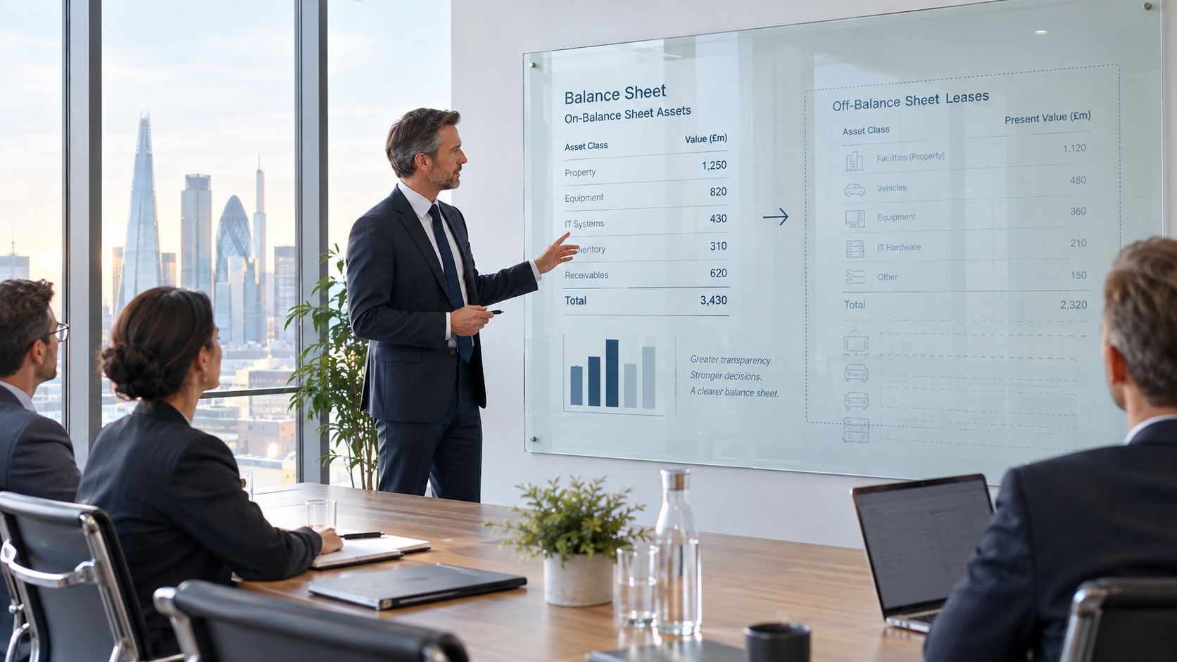 A professional man presenting a balance sheet analysis on a glass board to colleagues in a boardroom.