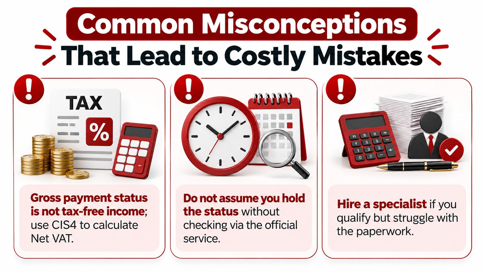 An infographic showing three common misconceptions about tax gross payment status and professional financial help.