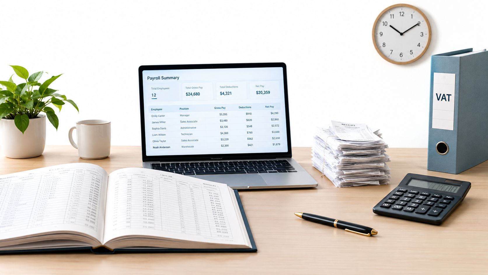A professional office desk featuring a laptop displaying payroll data, a financial ledger, calculator, and organized receipts.